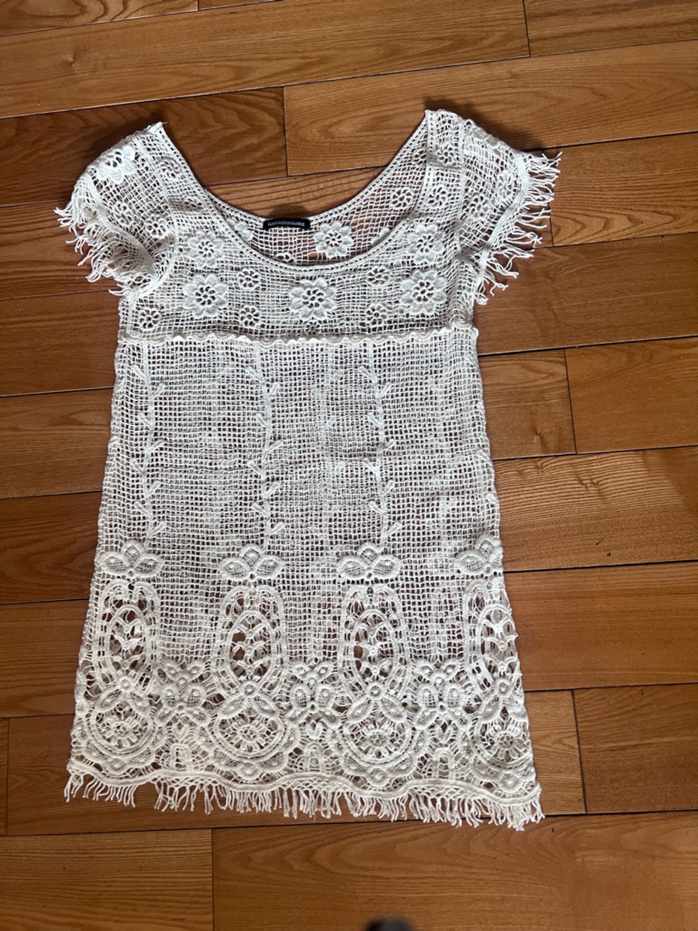 Boho Crochet Lace Tunic Dress Cover-Up Fringe Hem Cream Festival Beach